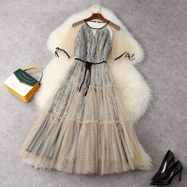 

2021 summer short sleeve round neck khaki retro polka dot tulle panelled black lace ribbon tie belted mid-calf dress elegant casual dresses, Black;gray