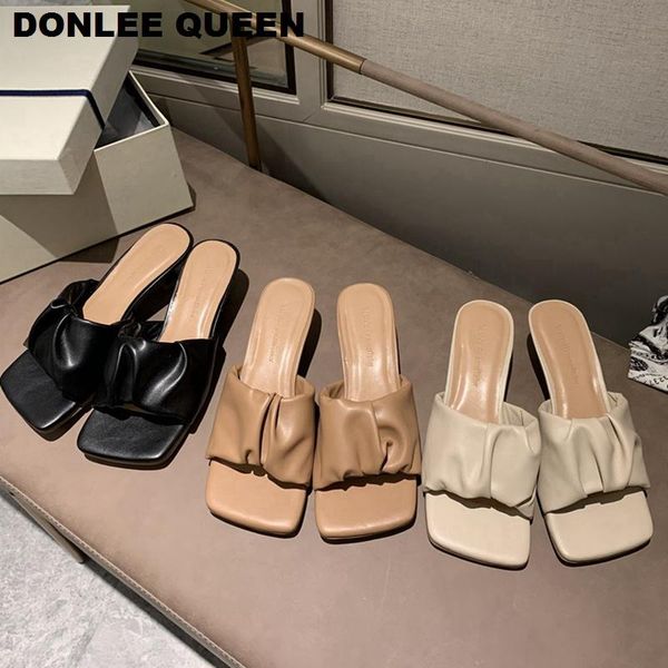 

slippers fashion brand square head peep toe low heel women slip on sandal outdoor slides mules elegant pleated shoes mujer, Black