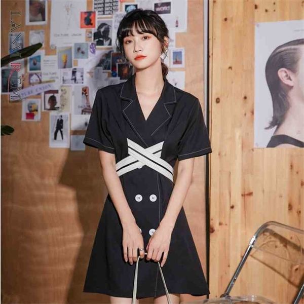 

women dress high waist tun-down collar short sleeve a-line temperament loose fit fashion summer 2h896 210526, Black;gray