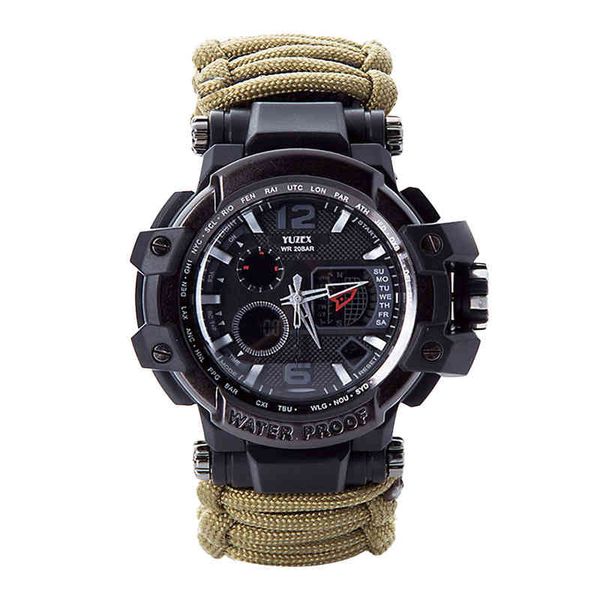 

warwolf 2 code hand in place with men's camouflage umbrella rope outdoor sports dual display compass tactical watch, Silver