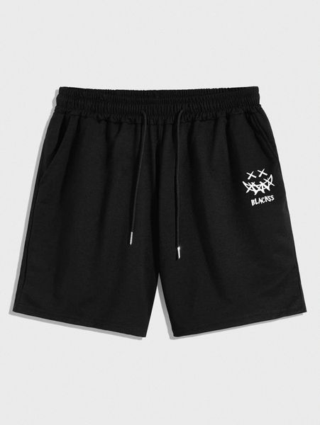 

romwe guys letter graphic drawstring shorts 7'' o7u5#, Black