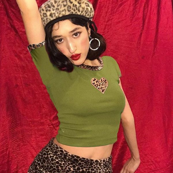 

women t-shirt casual short-sleeved love leopard print red green tight-fitting temperament navel t shirt crop summer women's, White