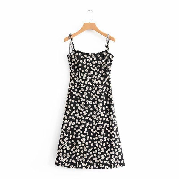 

fashion dress 2021 summer pullover strap daisy print high waist lace up, Black;pink