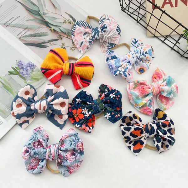 

flower nylon hair bow headband for girls baby elastic bands kids floral print turban summmer accessories, Slivery;white