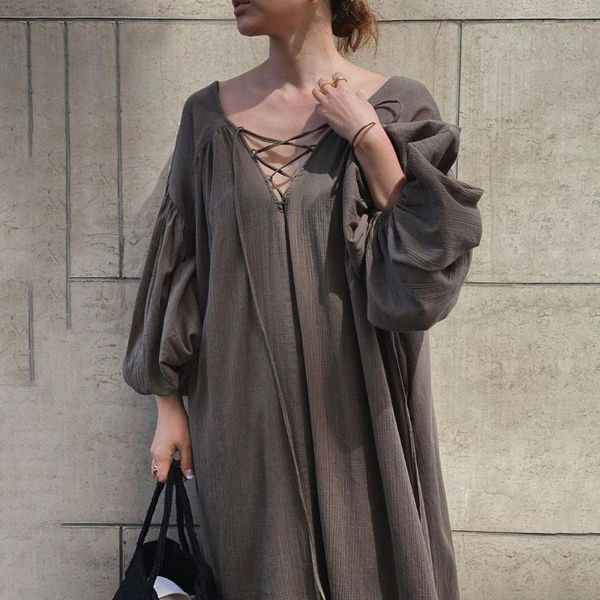

casual dresses [ewq] autumn 2021 ladies pure color minimalist lace-up three-quarter sleeves puff sleeve loose plus size dress women, Black;gray