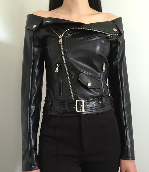 

leather spring autumn off the shoulder pu jackets moto biker black faux leather coats a247