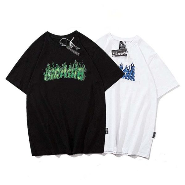 

classic american flame fashion brand short sleeved men and women loose cotton casual couple round neck t shirt, White;black