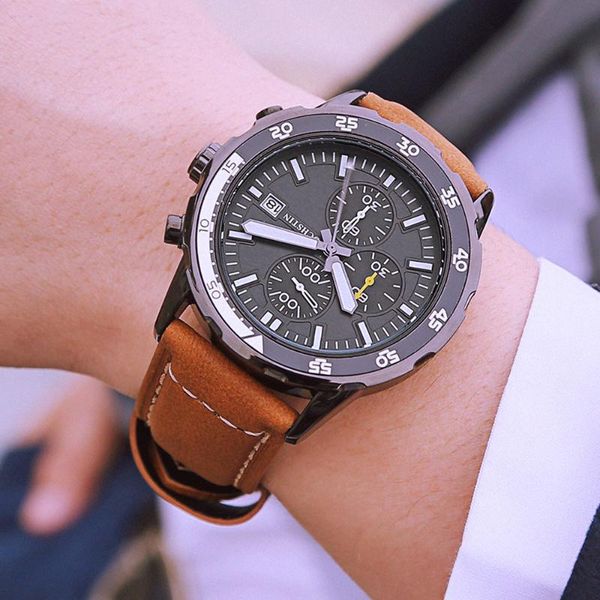 

wristwatches 2021 mens watches ochstin men leather men's chronograph quartz clock waterproof military wrist watch, Slivery;brown