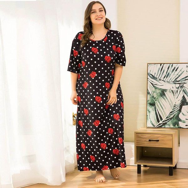 

plus size women's summer loose polka dot printe short sleeve nightdress bust 142cm 6xl 7xl 8xl 9xl thin long black sleepwear, Black;red