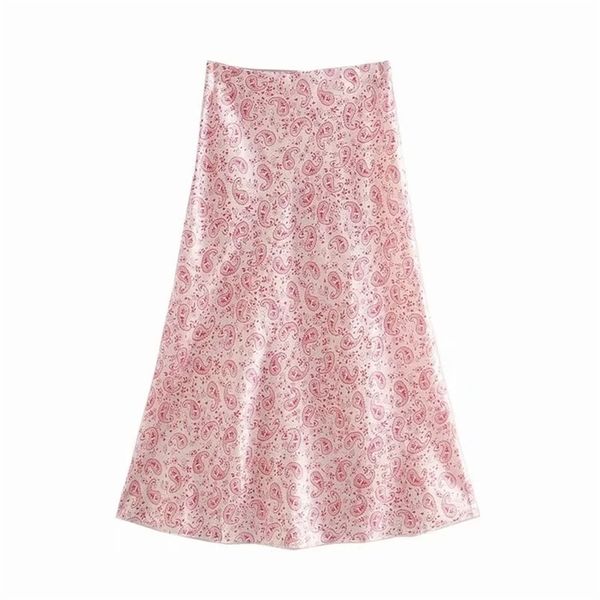 

women paisley printing thin satin midi skirt casual female loose streetwear p1928 210702, Black
