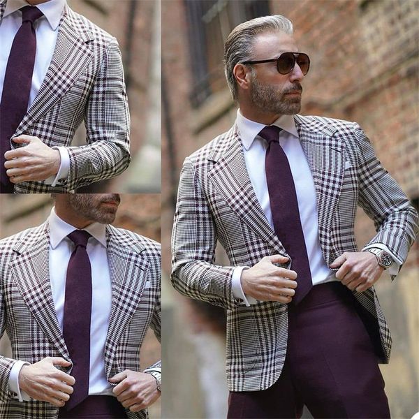 

2 pieces men suits fashion custom made plaid wedding tuxedos single breasted fit slim peaked lapel blazer business coat+pant, Black;gray