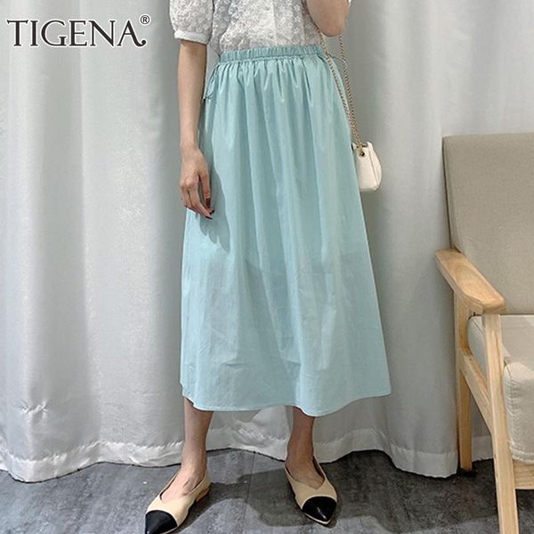 

skirts tigena casual solid cotton skirt women 2021 summer elegant belt a line high waist midi long female korean mid-length, Black