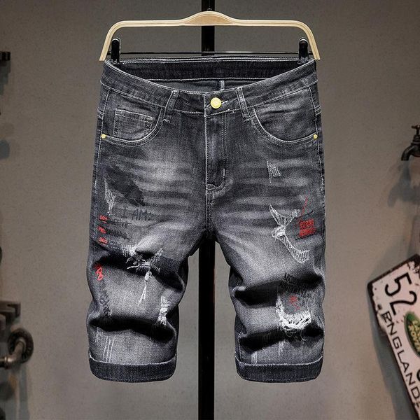 

men's shorts denim black ripped hole loose embroidery summer casual, White;black