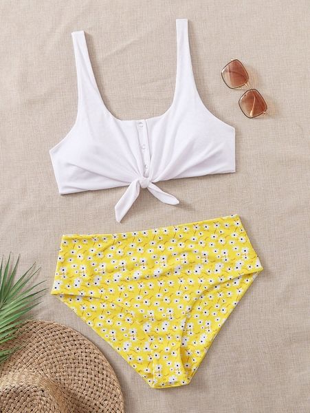 

plus floral knot front bikini swimsuit s2cr#, Black