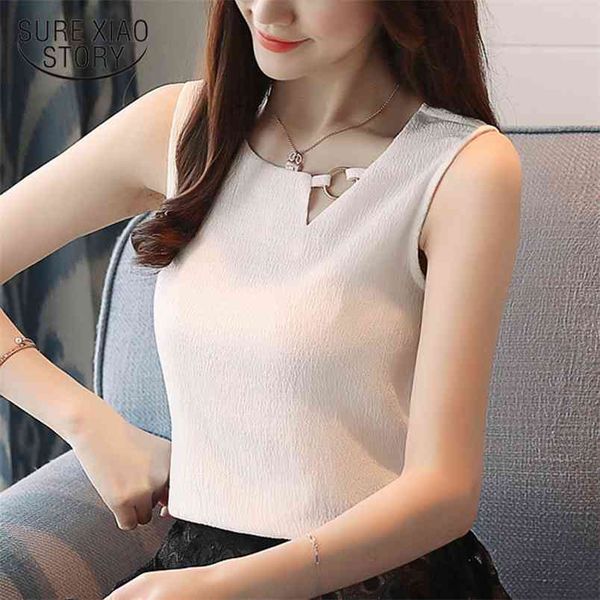 

sleeveless chiffon shirts women clothing solid casual summer fashion slim o-neck female blouses 0266 40 210506, White
