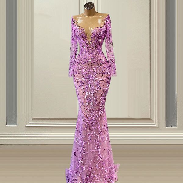 Glamous Meerjungfrau Abendkleid 2022 Spitze Langarm Perlen Prom Kleider Illusion V-ausschnitt Formale Kleider Vestidos De Novia