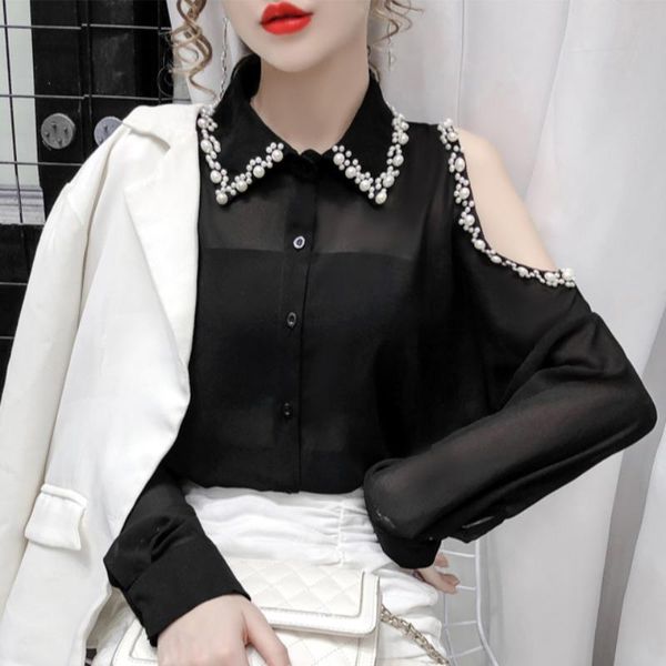 

women's blouses & shirts women white button 2021 summer long sleeve shirt female off-shoulder beaded chiffon casual clothing autumn