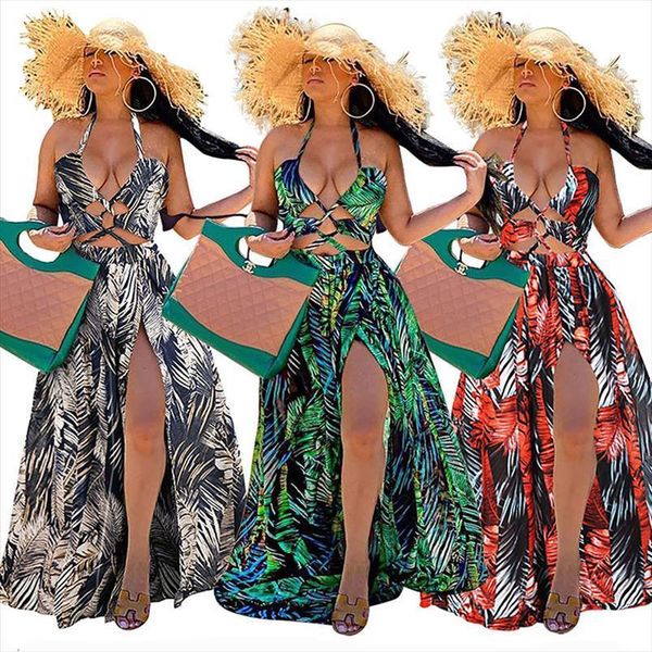 

bohemian palm leaf maxi womens dresses high split summer beach halter casual sleeveless bandage long s xl, Black;gray