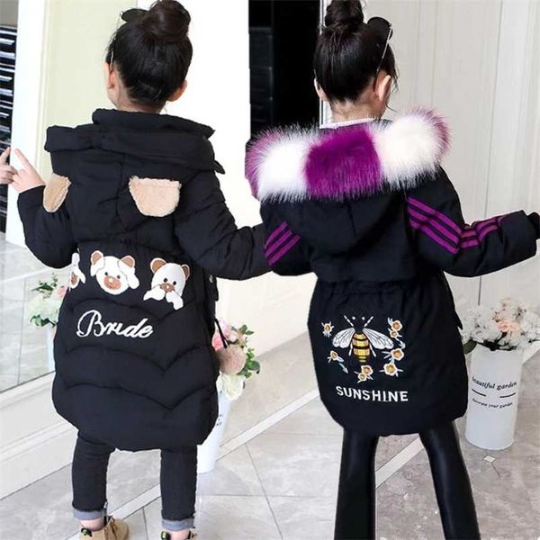 

children's jacket for girls winter long coat embroidery overcoat fur collar warm down cotton clothes girl hooded 211203, Blue;gray