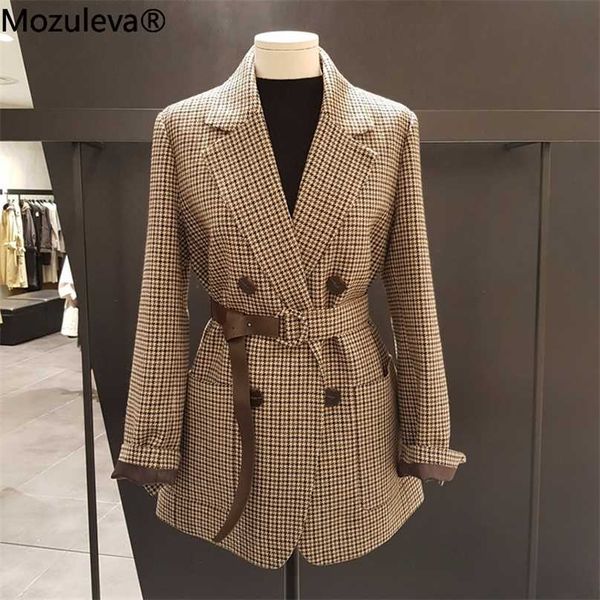 

mozuleva korean plaid women work blazer jacket casual double-breasted sashes suit female slim outwear 211006, White;black