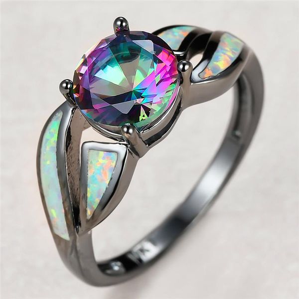 

wedding rings charm female white opal stone ring trendy 14kt black gold vintage rainbow round zircon engagement for women, Slivery;golden