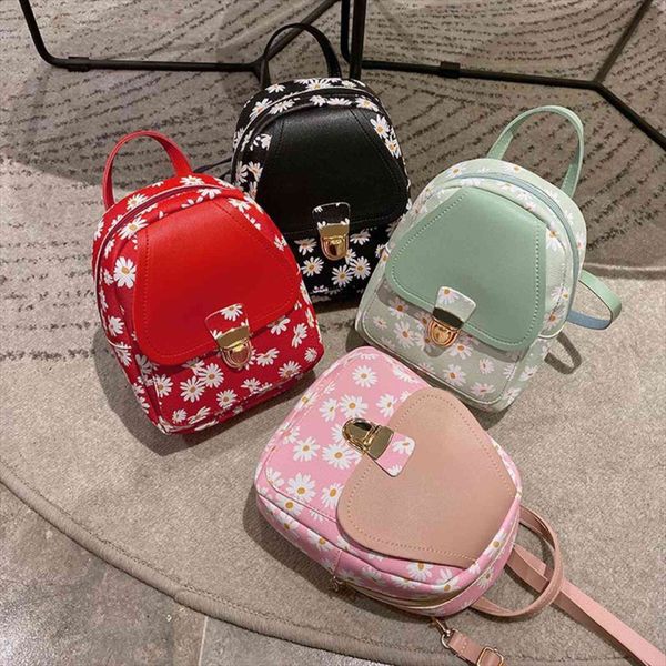 

flower small backpack womens cute pu leather zipper design phone bag multi function