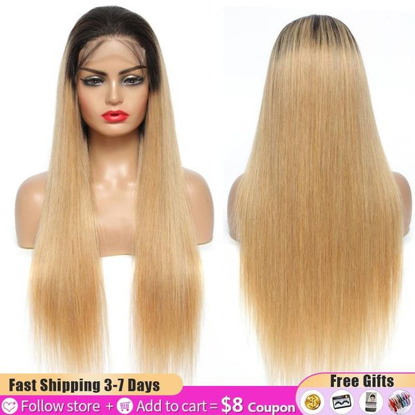 

lace wigs t1b-27 ombre honey blonde 4x4 closure wig soku 14-28inch brazilian straight human hair for black women 150%density, Black;brown
