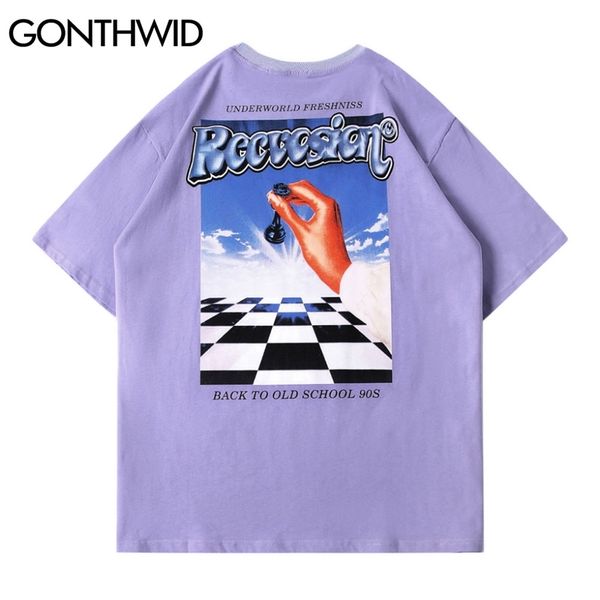 

gonthwid short sleeve tees summer men streetwear hip hop chessboard plaid print t-shirt cotton casual harajuku tshirt loose 210706, White;black