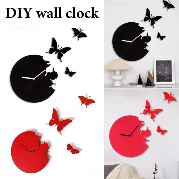 

wall clocks clock stickers 30*30cm big size stylish modern for living room butterfly black and red