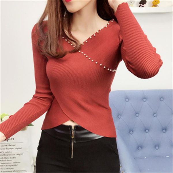 

women's sweaters 2021 solid irregualr women sweater fake pearl beading knitted female sweet pullover autumn winter sueter mujer pz2407, White;black