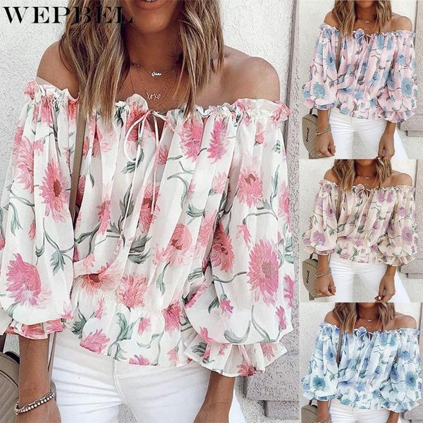 

women's blouses & shirts wepbel chiffon blouse casual printed lace-up loose shirt summer flared sleeves slash neck lace pleated, White