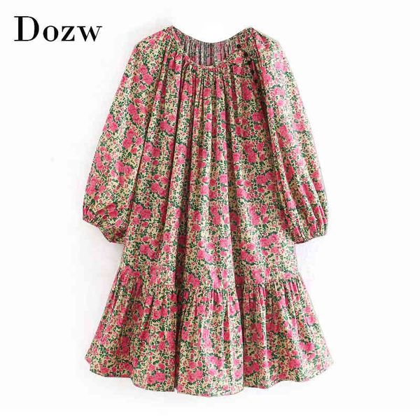 

vintage o neck loose dress women floral print lantern long sleeve chic short dresses spring casual pleated mini dress 210414, Black;gray