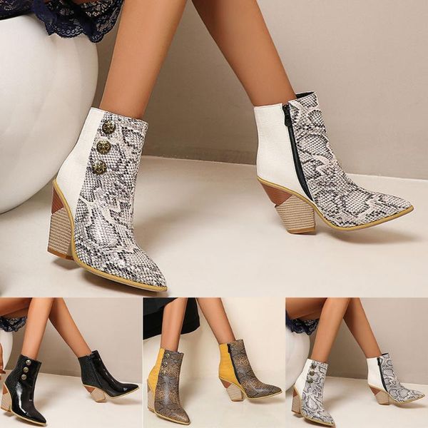 

boots women's fashion leather zipper block color heel point toe booties patchwork print female winter, Black