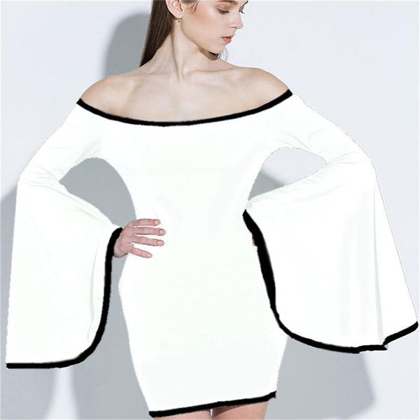 

casual dresses 2021 winter off shoulder long flare sleeve club bandage dress women white bodycon party, Black;gray
