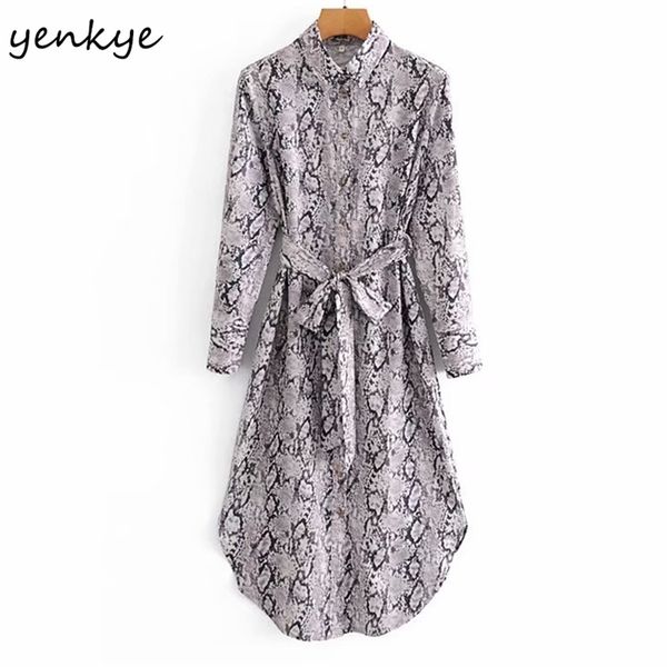 

fashion women vintage snake print long dress sleeve lapel collar sashes a-line casual plus size robe ue 210514, Black;gray