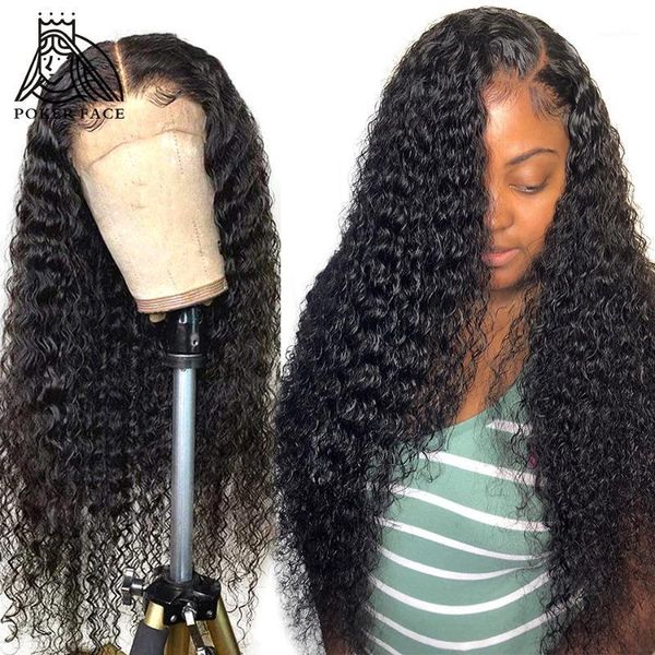 

poker face 28 30 32 inches 13x4 curly lace front human hair wigs pre plucked brazilian water deep wave 360 frontal wig remy1, Black;brown