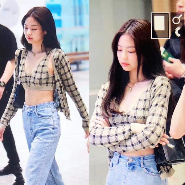

women's hoodies & sweatshirts kpop korean celebrity same slim casual knitting lattice women fashion streetwear loose sweatshirt female, Black