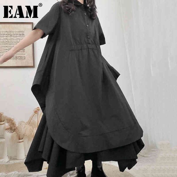 

[eam] women black big size irregular casual ruffle dress lapel half sleeve loose fit fashion spring autumn 1dd8311 21512, Black;gray