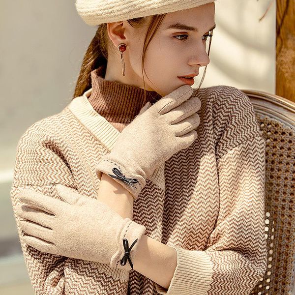 

five fingers gloves female cute bow embroidery thin plus velvet touch screen driving mittens winter women outdoor cashmere warm cycling, Blue;gray