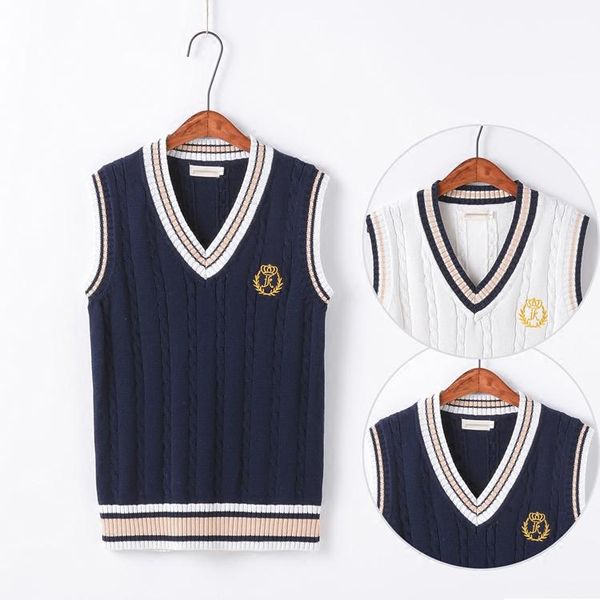 

women's vests autumn and winter japanese college style jk uniform vest crown embroidery sweater knitting student couple, Black;white
