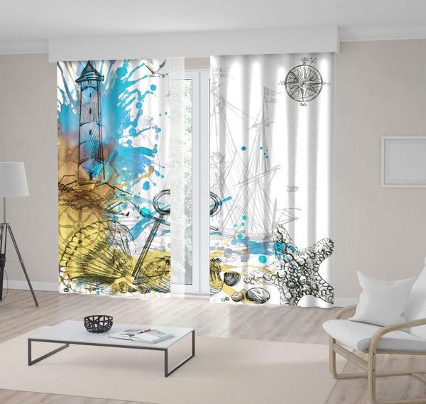 

curtain & drapes in boats sea lighthouse shell starfish paint splashes retro decorating artwork blue yellow