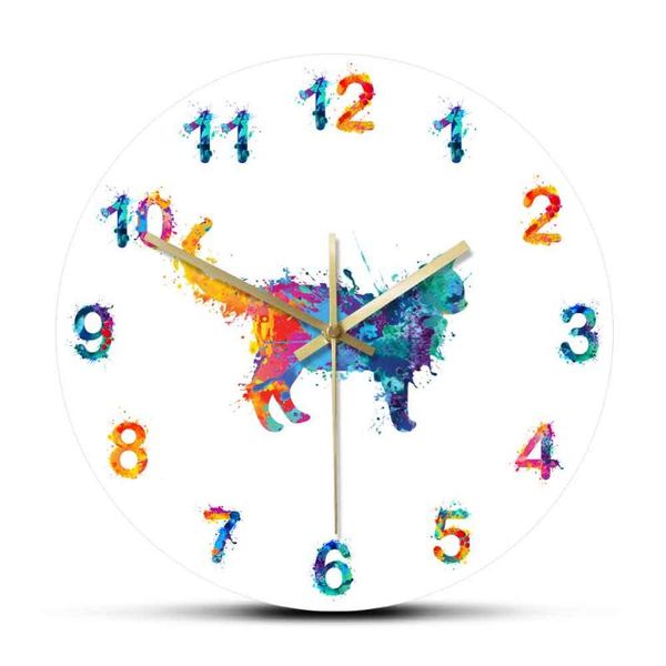 

wall clocks bright silhouette of a cat rainbow splashes acrylic clock watercolor numbers decorative silent movement hanging watch