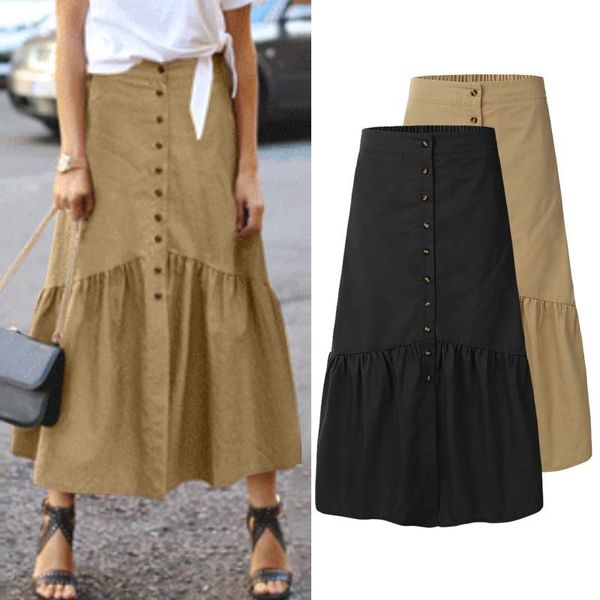

skirts zanzea summer vintage single breasted casual ruffle maxi elastic waist female solid holiday long, Black