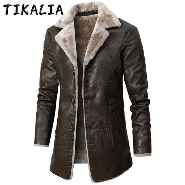 

men autumn winter long leather jacket lapel turn-down collar casual vintage jacket male outwear overcoat mens fashion clothing 210928, Black