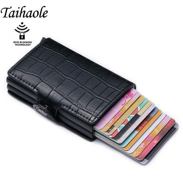 

card holders holder 2021 aluminium double boxes fashion men and women pu leather metal rfid vintage travel wallet, Brown;gray