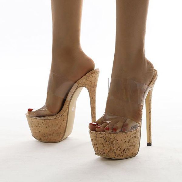 

slippers 2021 super 17cm high heels platform wedges pvc transparent pinch women sandals mules shoes, Black
