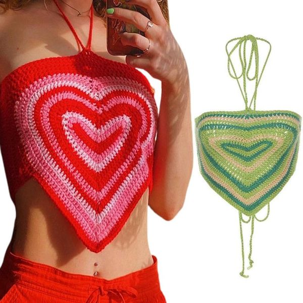

women's tanks & camis 573b women halter crop heart crochet knit criss cross backless vest, White