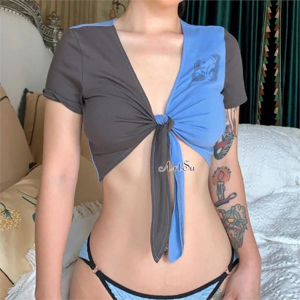 

women's t-shirt patchwork t-shirts summer short sleeve v neck crop lace up club streetwear women letter print tee shirt ts529, White