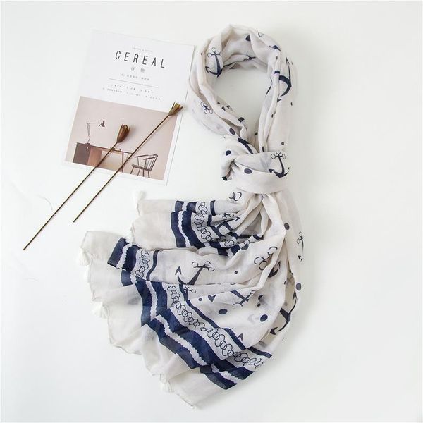 

scarves scarfs women's summer navy anchor print cotton scarf tulle wraps outing sun-proof beach shawl, Blue;gray