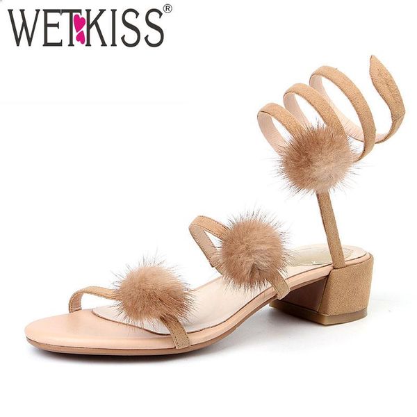 

summer women gladiator sandals slip on shoes kid suede soft ladies footwear snake shape low heels mink hair fur pom, Black